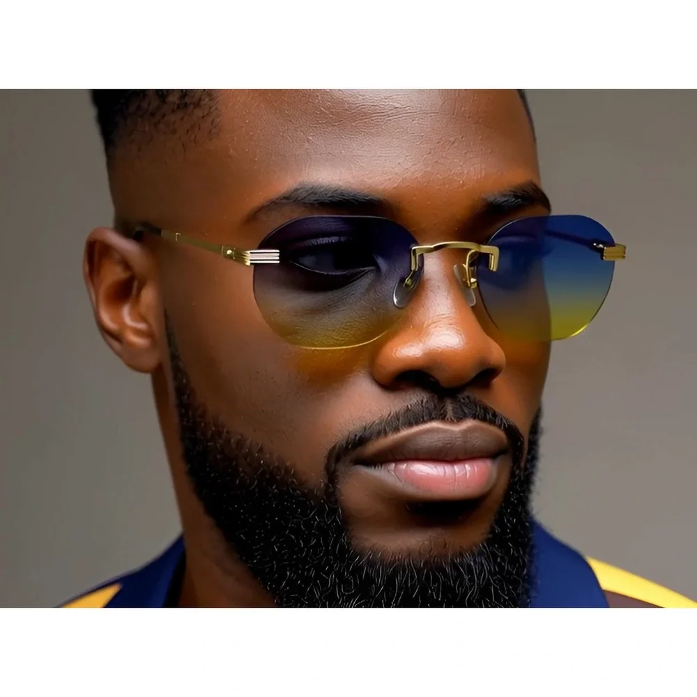 Rimless Sunglasses Blue Yellow‎ Gradient Lens Gold Frame Fashion Shades Lentes